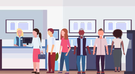 mix race people waiting line queue to specialist at cash desk financial consulting center with reception and atm modern bank office interior horizontal flat vector illustrationのイラスト素材