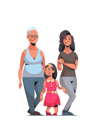 happy three generations family celebrating women international 8 march day concept female characters full length vertical vector illustrationのイラスト素材