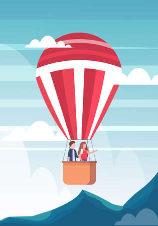 couple flying in basket of hot air balloon man taking photo on smartphone camera woman pointing hand at something travel concept mountains landscape background flat vertical vector illustrationのイラスト素材