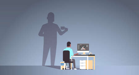 african american architect sitting at workplace busy engineer dreaming about coffee break shadow of man with cup imagination aspiration concept male cartoon character horizontal full length vector illustrationのイラスト素材