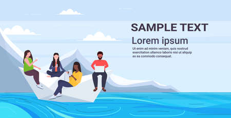 people floating on paper boat mix race men women using gadgets traveling together digital addiction web surfing concept horizontal flat copy space vector illustrationのイラスト素材