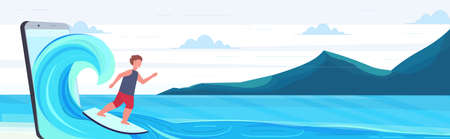 surfer man surfing on wave guy on surfboard summer activities digital technology concept mountains seascape background smartphone screen online mobile app flat full length horizontal vector illustrationのイラスト素材