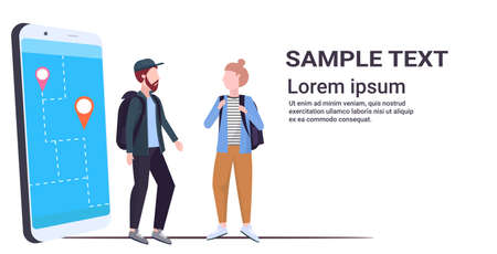 tourists couple using mobile navigation app with location marker walking road on smartphone screen travelers using gps to find destination flat full length horizontal copy space vector illustrationのイラスト素材