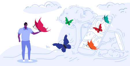 man wearing digital glasses african american guy touching vr flying butterfly from smartphone screen headset vision virtual reality technology concept sketch full length horizontal vector illustrationのイラスト素材