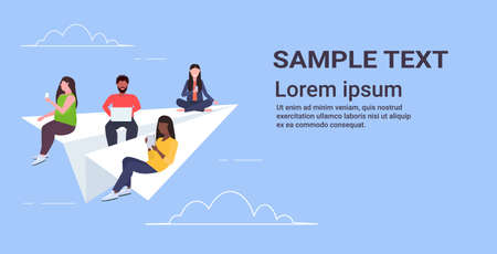 people flying on paper airplane mix race men women using gadgets traveling together digital addiction web surfing concept horizontal flat copy space vector illustrationのイラスト素材