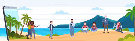 people using gadgets mix race men women relaxing on tropical island sea beach summer vacation digital addiction concept smartphone screen mobile app flat full length horizontal vector illustrationのイラスト素材