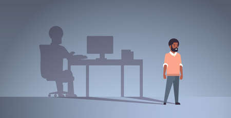 african american guy dreaming about being freelancer shadow of man working on computer at workplace imagination aspiration concept male cartoon character full length flat horizontal vector illustrationのイラスト素材