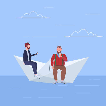 two men floating on paper boat guys using gadgets traveling together digital addiction web surfing concept full length flat vector illustrationのイラスト素材