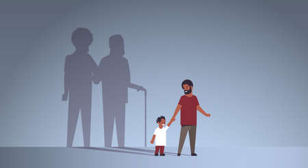 african american father with son holding hands shadow of young and mature man standing together imagination aspiration concept full length flat horizontal vector illustrationのイラスト素材