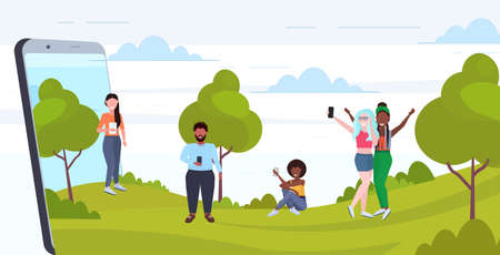 people using cellphones mix race men women walking outdoor having fun digital technology addiction concept smartphone screen mobile app flat full length horizontal vector illustrationのイラスト素材