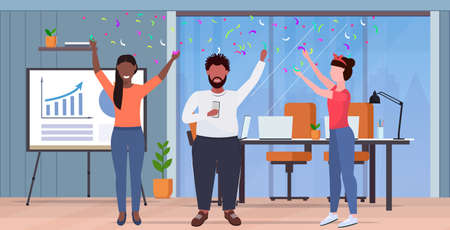 business people raising arms colleagues having party confetti mix race coworkers celebrating event concept modern office interior flat full length horizontal vector illustrationのイラスト素材