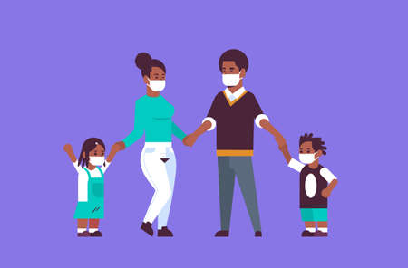 parents and children wearing face masks environmental industrial smog dust toxic air pollution and virus protection concept family holding hands standing together full length horizontal flat vector illustrationのイラスト素材