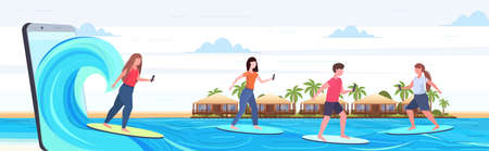 surfers using cellphones surfing on waves men women on surfboards summer vacation digital technology concept smartphone screen online mobile app flat full length horizontal vector illustrationのイラスト素材