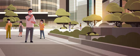 people wearing face masks environmental industrial smog dust toxic air pollution and virus protection concept men women walking outdoor city building cityscape background full length horizontal vector illustrationのイラスト素材