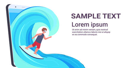 surfer man wearing digital glasses surfing on wave guy on surfboard headset vision virtual reality technology concept smartphone screen online mobile app flat full length horizontal copy space vector illustrationのイラスト素材