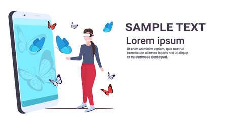 woman wearing digital glasses girl touching vr flying butterfly from smartphone screen headset vision virtual reality technology concept flat full length horizontal copy space vector illustrationのイラスト素材