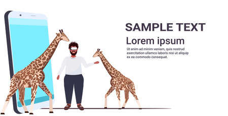 man wearing digital glasses african american guy touching vr giraffe from smartphone screen headset vision virtual reality technology concept flat full length horizontal copy space vector illustrationのイラスト素材