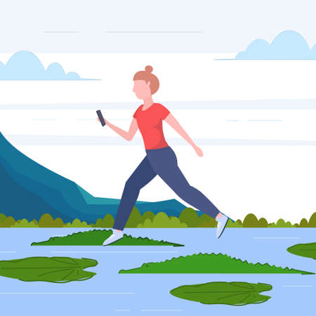 brave woman using smartphone jumping over lotus leaves on river with crocodiles risk and danger determination digital addiction concept full length flat vector illustrationのイラスト素材