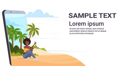 woman using cellphone african american girl relaxing on tropical island sea beach summer vacation concept smartphone screen online mobile app flat full length horizontal copy space vector illustrationのイラスト素材