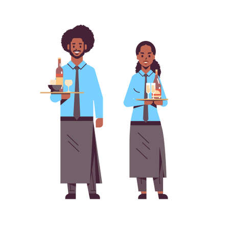 professional waiters holding bottles wine and champagne glasses on trays african american man woman restaurant workers in apron carrying alcohol drink flat full length white background vector illustrationのイラスト素材