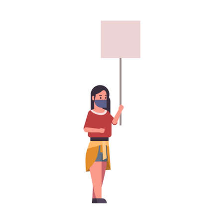woman wearing face mask girl protester holding blank placard female activist with empty sign banner protest demonstration concept flat full length vector illustrationのイラスト素材