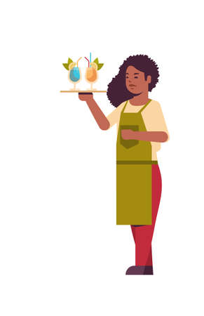 professional waitress holding serving tray with cocktails african american woman restaurant worker in uniform carrying different alcohol drinks flat full length white background vertical vector illustrationのイラスト素材