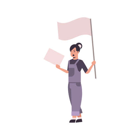 woman protester holding blank placard and flag female angry activist with empty sign banners protest demonstration concept flat full length vector illustrationのイラスト素材