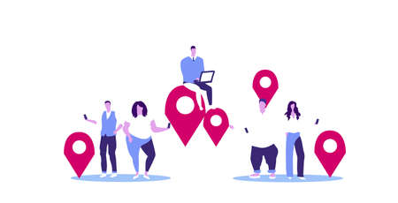 people using gadgets online navigation app concept men women near location markers geo tags gps pointers sketch full length horizontal vector illustrationのイラスト素材