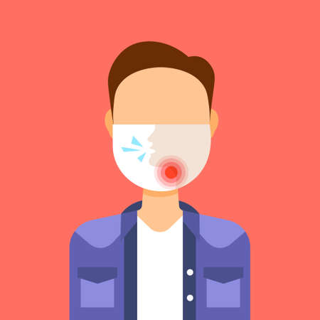 man wearing protective face mask with painful sore throat ache illness medicine healthcare concept guy feeling sick male profile avatar portrait flat vector illustrationのイラスト素材