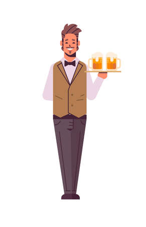professional waiter holding serving tray with two glasses of beer man restaurant worker in uniform carrying alcohol drinks flat full length white background vertical vector illustrationのイラスト素材