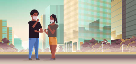 couple wearing face masks toxic gas air pollution industry smog polluted environment concept man woman walking outdoor dirty smoke skyscrapers cityscape skyline background full length horizontal vector illustrationのイラスト素材