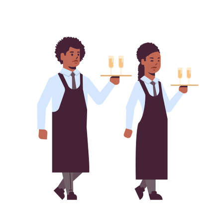 professional waiters holding serving trays with glasses of champagne african american man woman restaurant workers in uniform carrying alcohol drinks flat full length white background vector illustrationのイラスト素材