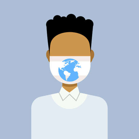 man wearing protective face mask with globe earth icon environment protection save world concept...