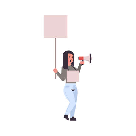 woman protester holding blank placard yelling into loudspeaker female activist with empty sign banner and megaphone protest demonstration concept flat full length vector illustrationのイラスト素材