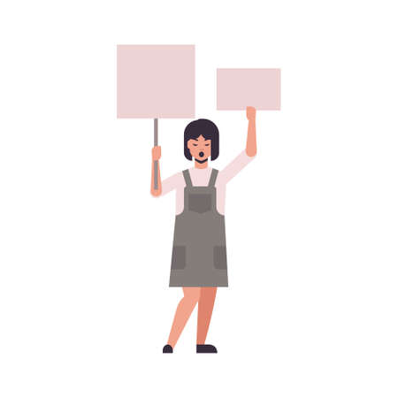 woman protester holding blank placards female activist with empty sign banners protest demonstration concept flat full length vector illustrationのイラスト素材