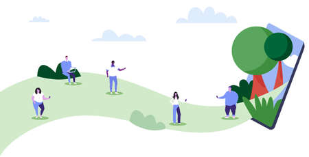 people using gadgets mix race men women walking outdoor having fun digital technology addiction concept smartphone screen mobile app sketch full length horizontal vector illustrationのイラスト素材