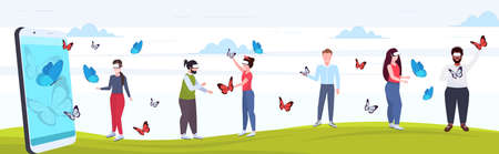 people wearing digital glasses mix race people touching vr flying butterfly from smartphone screen headset vision virtual reality technology concept flat full length horizontal vector illustrationのイラスト素材