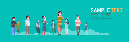 people wearing face masks environmental industrial smog dust toxic air pollution and virus protection concept mix race men women walking outdoor full length horizontal copy space flat vector illustrationのイラスト素材