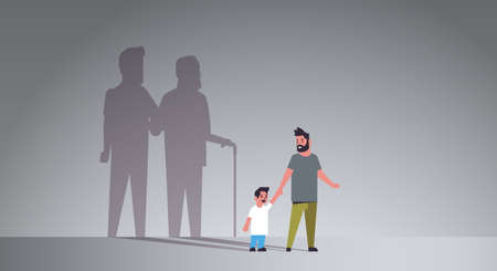 father with son holding hands dreaming about future shadow of young and mature man standing together imagination aspiration concept full length flat horizontal vector illustrationのイラスト素材