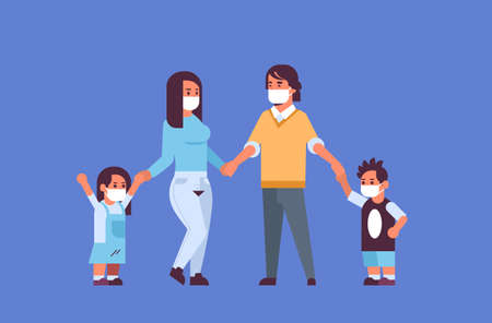 parents and children wearing face masks environmental industrial smog dust toxic air pollution and virus protection concept family holding hands standing together full length horizontal flat vector illustration