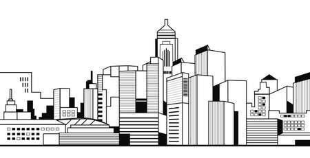 modern city buildings high skyscrapers view cityscape skyline background urban life thin line style horizontal vector illustrationのイラスト素材