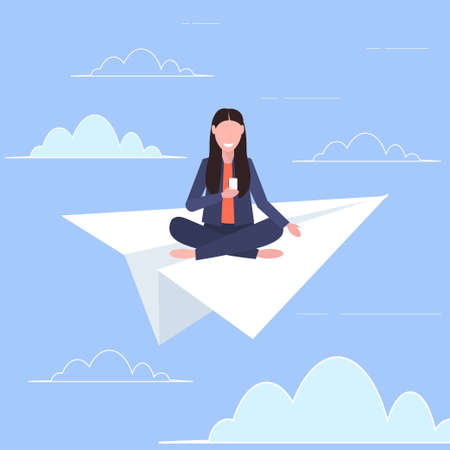 woman flying on paper airplane smiling girl using smartphone traveling digital addiction web surfing concept flat full length vector illustrationのイラスト素材