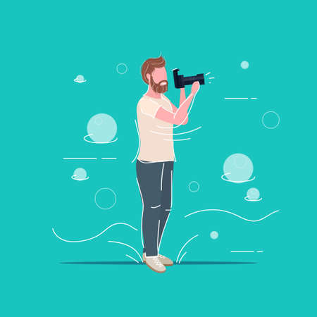 professional photographer taking picture photo man traveler shooting with digital dslr camera male cartoon character full length flat vector illustrationのイラスト素材