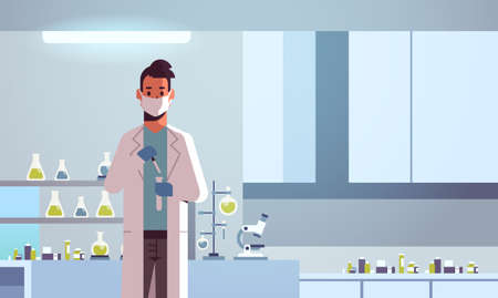 male scientific researcher holding test tube man in uniform working with flask scientist making...