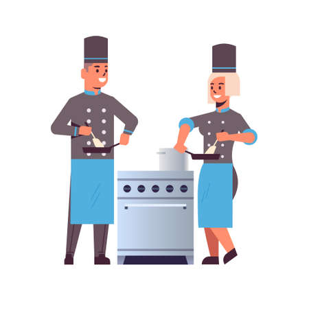 cooks couple professional chefs using frying pan stirring food man woman restaurant kitchen workers in uniform standing together near stove cooking concept flat full length vector illustrationのイラスト素材