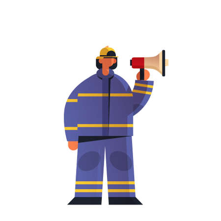 brave fireman holding megaphone loudspeaker firefighter wearing uniform and helmet firefighting...