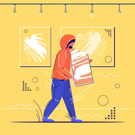 burglar stealing museum exhibits crime scene stealing theft concept robber holding picture modern...