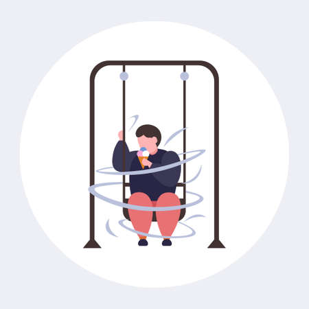 fat obese guy swinging and eating ice cream unhealthy nutrition obesity concept overweight man sitting on swing having fun flat full length vector illustrationのイラスト素材