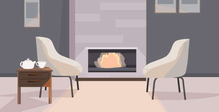 stylish home modern living room interior empty no people apartment with furniture and fireplace flat horizontal vector illustrationのイラスト素材