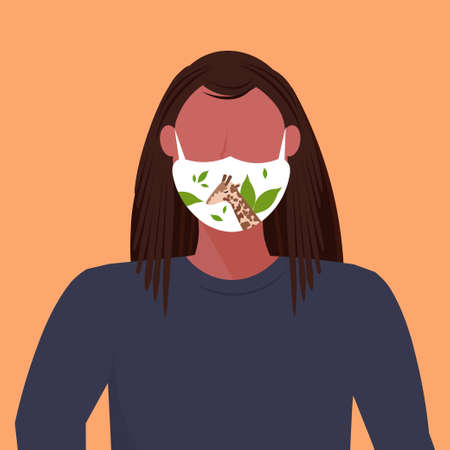 woman wearing protective face mask with giraffe icon smog air pollution virus protection concept african american girl profile avatar female cartoon character portrait flat vector illustrationのイラスト素材